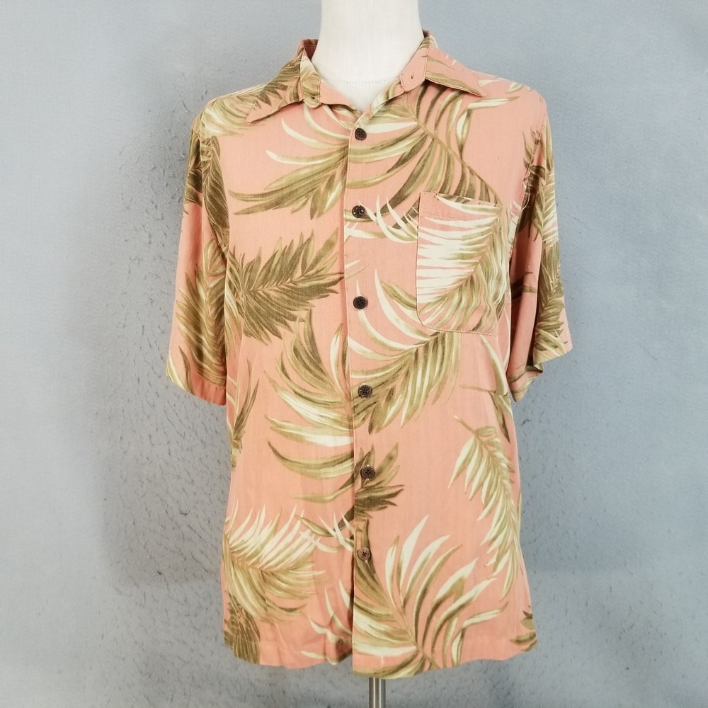 Caribbean Joe Shirt Mens XL Pink Palm Leaf Silk Short Sleeve Tropical Camp Aloha